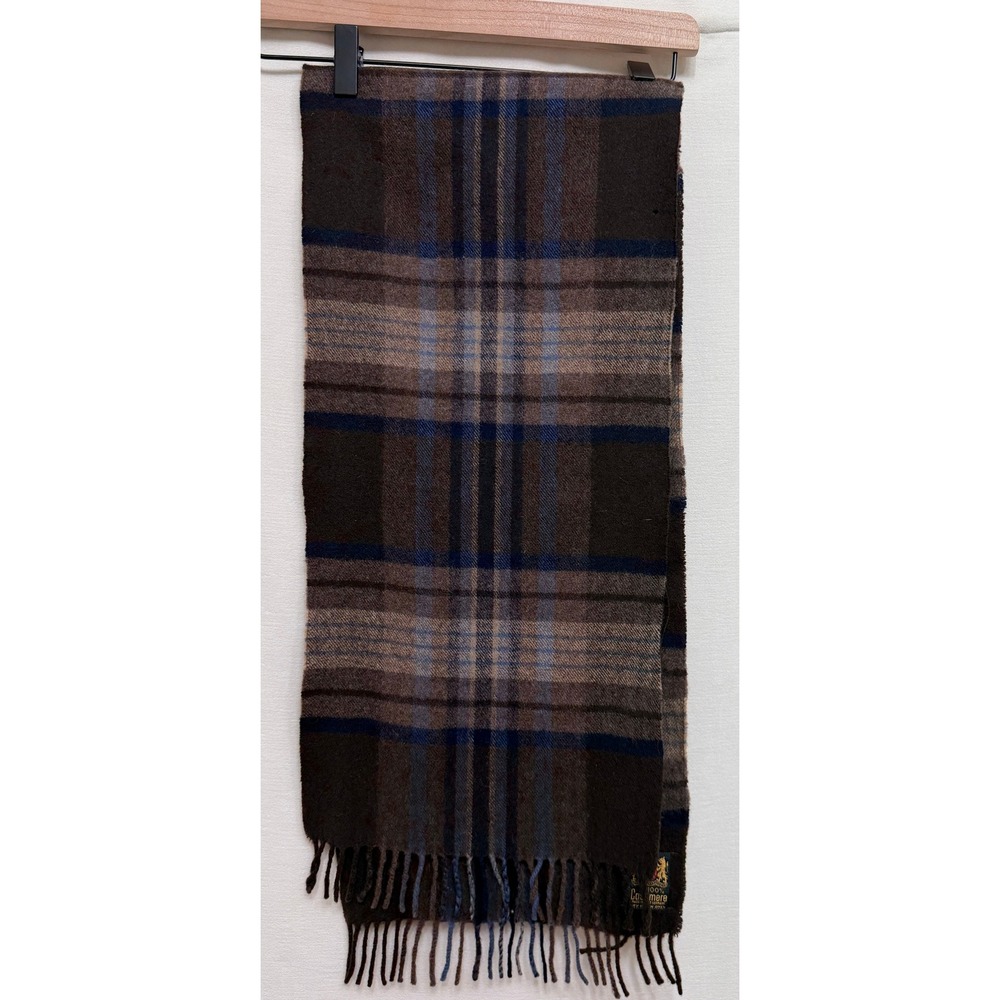 Vintage 100% Cashmere Plaid Scarf Brown Blue Made in West Germany OS